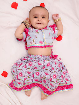 BownBee - Blue Cotton Short Puff Sleeves Lehenga with Choli