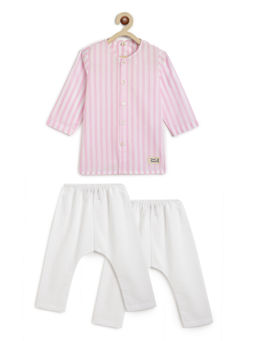 TIBER TABER - Pink Stripes Kurta & Pyjama (Set of 3)