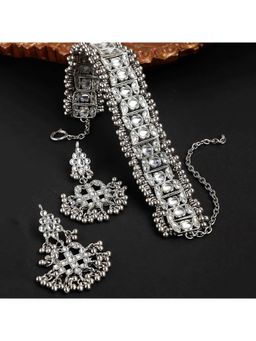 Karatcart - Silver Tone Kundan and Tassel Ball Studded Choker Necklace Set for Women (Set of 2)