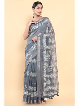 Soch - Women Grey Cotton Printed Saree with Unstitched Blouse