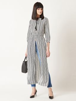 Miss Chase - Women Black and White Round Neck Striped Tassel Tie-Up Detailing Maxi Top