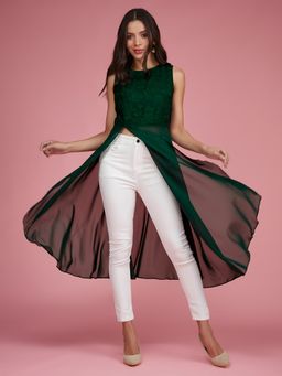 Miss Chase - Women Forest Green Round Neck Sleeveless Overlaid Maxi Top