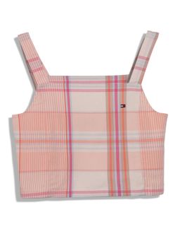 Tommy Hilfiger - Girls Peach Checks Regular Fit Cotton Square Neck Top