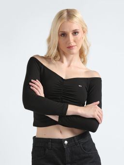 Tommy Hilfiger - Black Regular Fit Viscose Off-Shoulder Neck Crop Top
