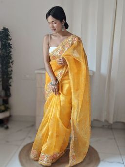 Odette - Yellow Organza Saree with Unstitched Blouse
