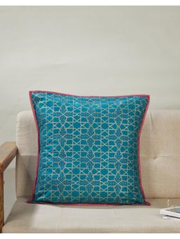 Fabindia - Teal Viscose Blend Embroidered Haveli Cushion Cover