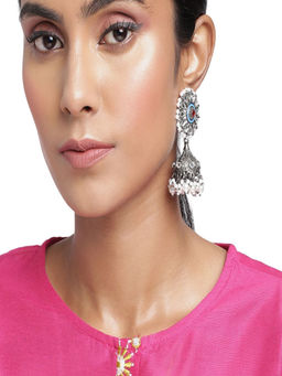 Accessher - Oxidised Silver Mirror Embellished Blue Jhumki Drop Earrings For Women