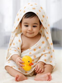 Nuego - Infants Unisex Flower Print Pure Organic Cotton Muslin Hooded Towel