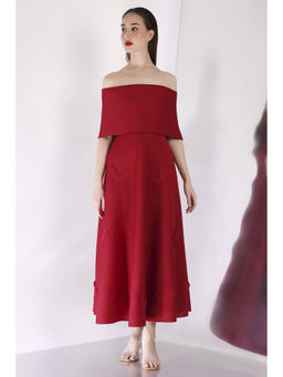 Ozeqo - Maroon Off Shoulder Dress with Wrap (Set of 2)