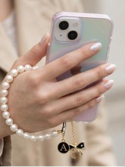 YELONA - Pearl Beaded Phone Charm with 'A' Initial and Bow Dangler