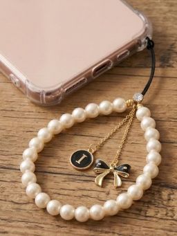 YELONA - Pearl Beaded Mobile Phone Charm Strap with Initial I and Bow Detail