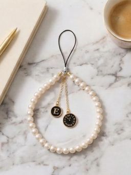 YELONA - Pearl and Bead Handmade Phone Charm Strap with Initial E and Clock Detail