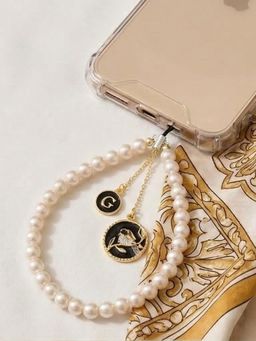 YELONA - Handmade Pearl and Gold Floral Beaded Mobile Charm with Initial 'G' Pendant
