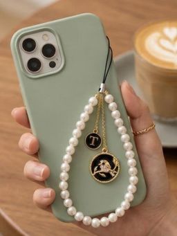 YELONA - Pearl Beaded Phone Charm with Gold Bird and Initial T Pendant