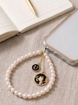 YELONA - Handmade Pearl and Bird Charm Mobile Strap with Gold Letter U Differentiator| White