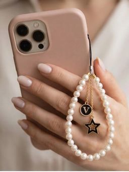 YELONA - Handmade Pearl Beaded Phone Charm Strap with Initial "V"