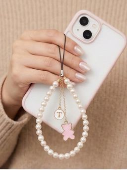 YELONA - Handmade Pearl Beaded Phone Charm Strap with Pink Teddy