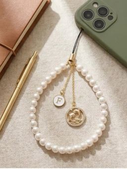 YELONA - Handmade Pearl Beaded Phone Charm Strap with Initial Pendant