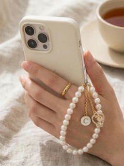 YELONA - Handmade Pearl Beaded Phone Charm Strap with Initial "C"