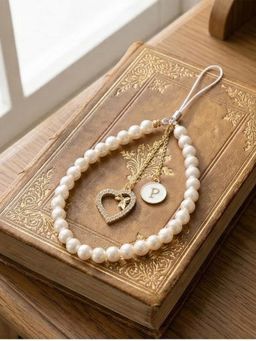 YELONA - Handmade Pearl Beaded Phone Charm Strap with Initial "P"