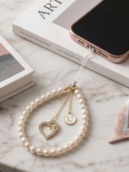 YELONA - Handmade Pearl Beaded Phone Charm Strap with Initial "U"