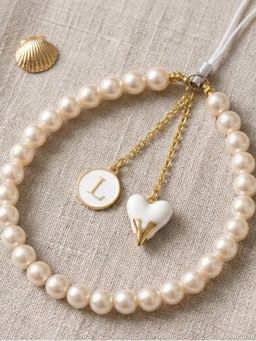 YELONA - Handmade Pearl Beaded Phone Charm Strap with Initial "L"
