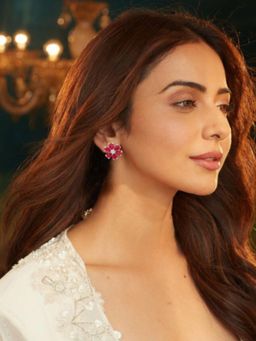 Accessher - Gold Tone Pink Crystal Floral Stud Earrings