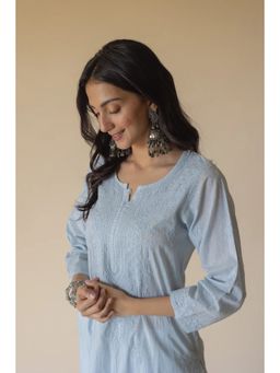 Old Marigold - Nisha Blue Dobby Cotton Hand Embroidered Chikankari Kurta