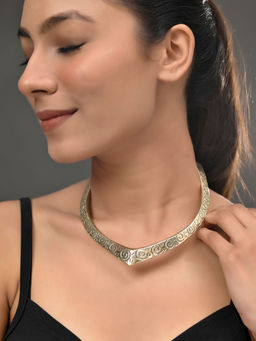 Silvermerc Designs - Gold Plated V-Shaped Necklace With Intricate Swirl Patterns