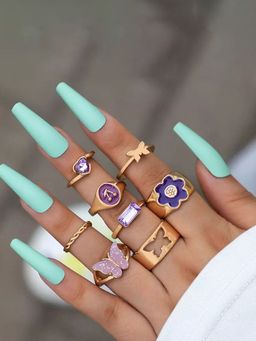 Jewels Galaxy - Women Set of 8 Gold Plated Purple Butterfly-Floral Finger Ring