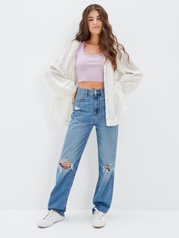 American Eagle - Women White Long-Sleeve Beachy Shirt