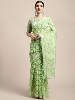 Akhilam - Womens Brasso Green Printed Designer Saree with Unstitched Blouse
