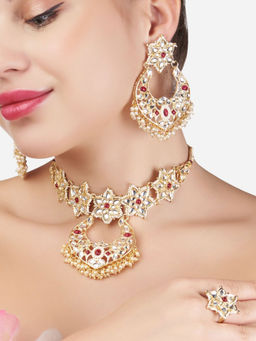 Zaveri Pearls - Pink Kundan & Pearls Traditional Choker Necklace Earring & Ring Set (Set of 3)