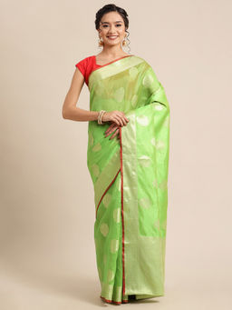 Banarasi Silk Works - Bright Woven Saree Green with Unstitched Blouse