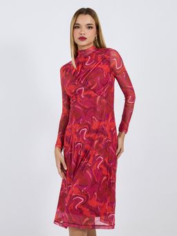 Styli - Women High Neck Digital Print A-Line Midi Dress
