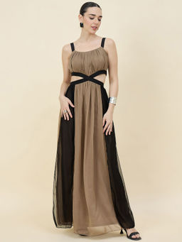 AAYU - Women's Chiffon Cut-Out Color Block Maxi Dress - Brown