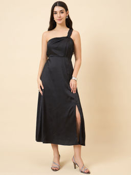 AAYU - Satin One Shoulder Midi Dress with Slit - Black