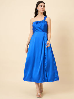 AAYU - Satin One Shoulder Midi Dress with Slit - Blue