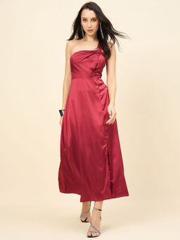 AAYU - Satin One Shoulder Midi Dress with Slit - Maroon
