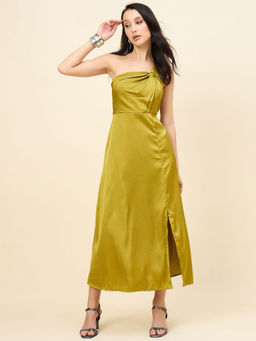 AAYU - Satin One Shoulder Midi Dress with Slit - Olive