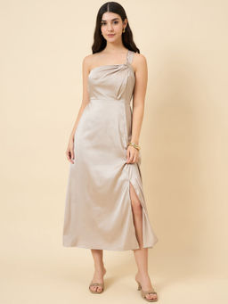 AAYU - Satin One Shoulder Midi Dress with Slit - Beige