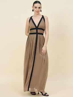 AAYU - Women's Brown Chiffon V-Neck Sleeveless Maxi Dress with Black Details