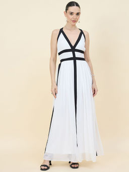 AAYU - Women's White Chiffon V-Neck Sleeveless Maxi Dress with Black Details