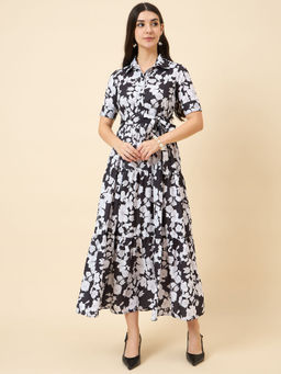 AAYU - Black and White Floral Print Collared Half Sleeve Midi Dress with Belt