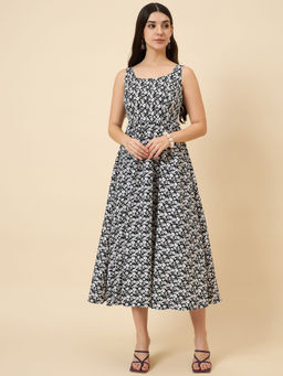 AAYU - Women's Black Floral Print Sleeveless Crepe Midi Dress