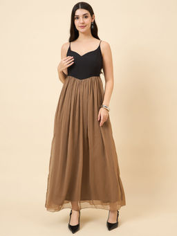 AAYU - Women's Brown and Black Chiffon Solid Sweetheart Neck Sleeveless Maxi Dress