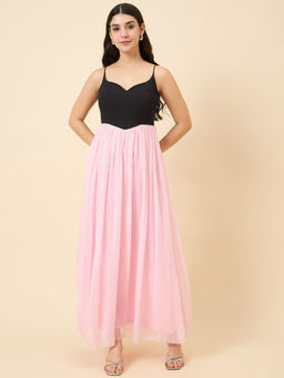 AAYU - Women's Pink and Black Chiffon Solid Sweetheart Neck Sleeveless Maxi Dress