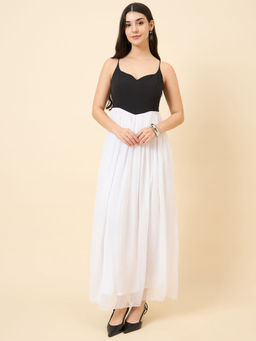 AAYU - Women's White and Black Chiffon Solid Sweetheart Neck Sleeveless Maxi Dress