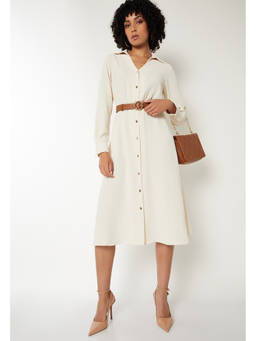max - Women Textured Shirt Dress with Belt - Beige