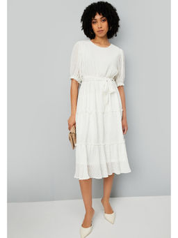 max - Women Swiss Dot Tiered Dress with Belt - Off White